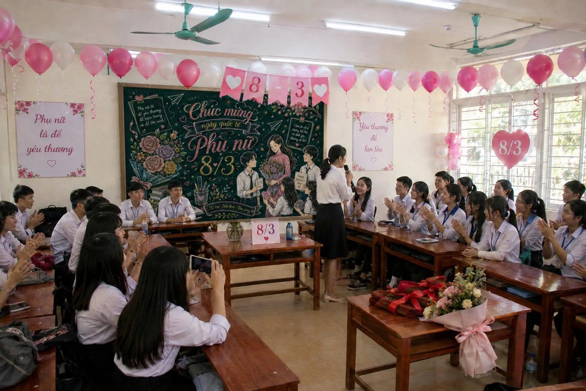 Không gian lớp học được tô điểm bằng bóng bay cùng bảng trang trí chủ đề Ngày Quốc tế Phụ nữ 8/3