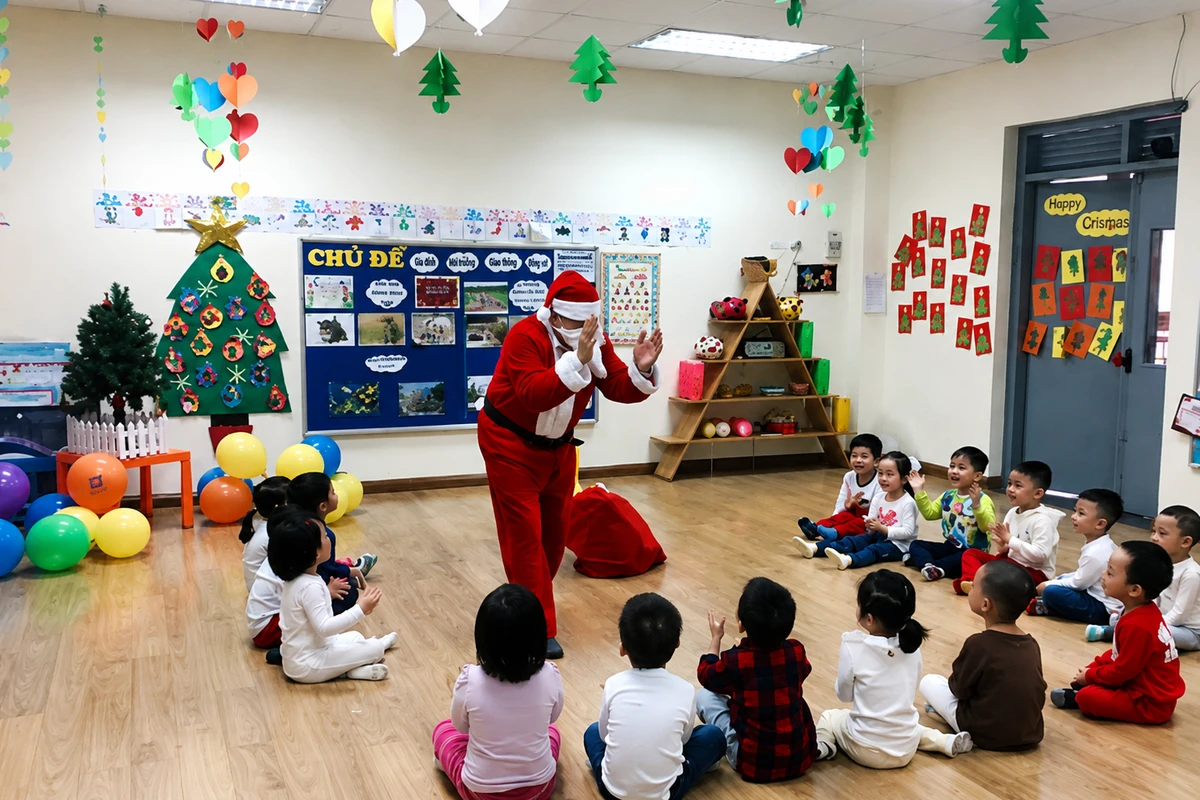 Không gian lớp học được trang trí Noel sinh động cùng hoạt động giao lưu với ông già Noel dành cho các em nhỏ
