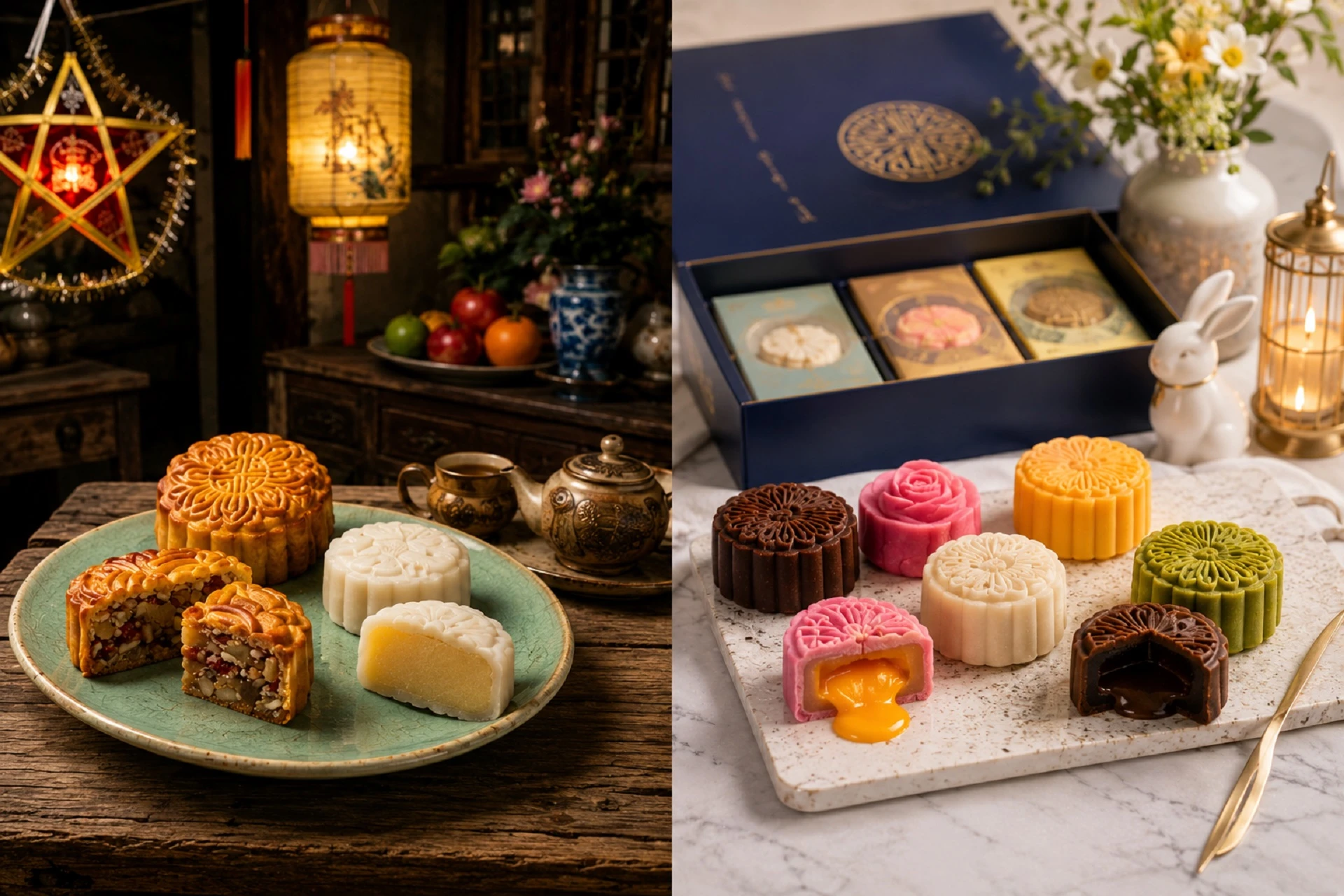 Hình minh họa so sánh bánh trung thu xưa và nay với bánh nướng truyền thống và bánh trung thu hiện đại nhiều màu sắc