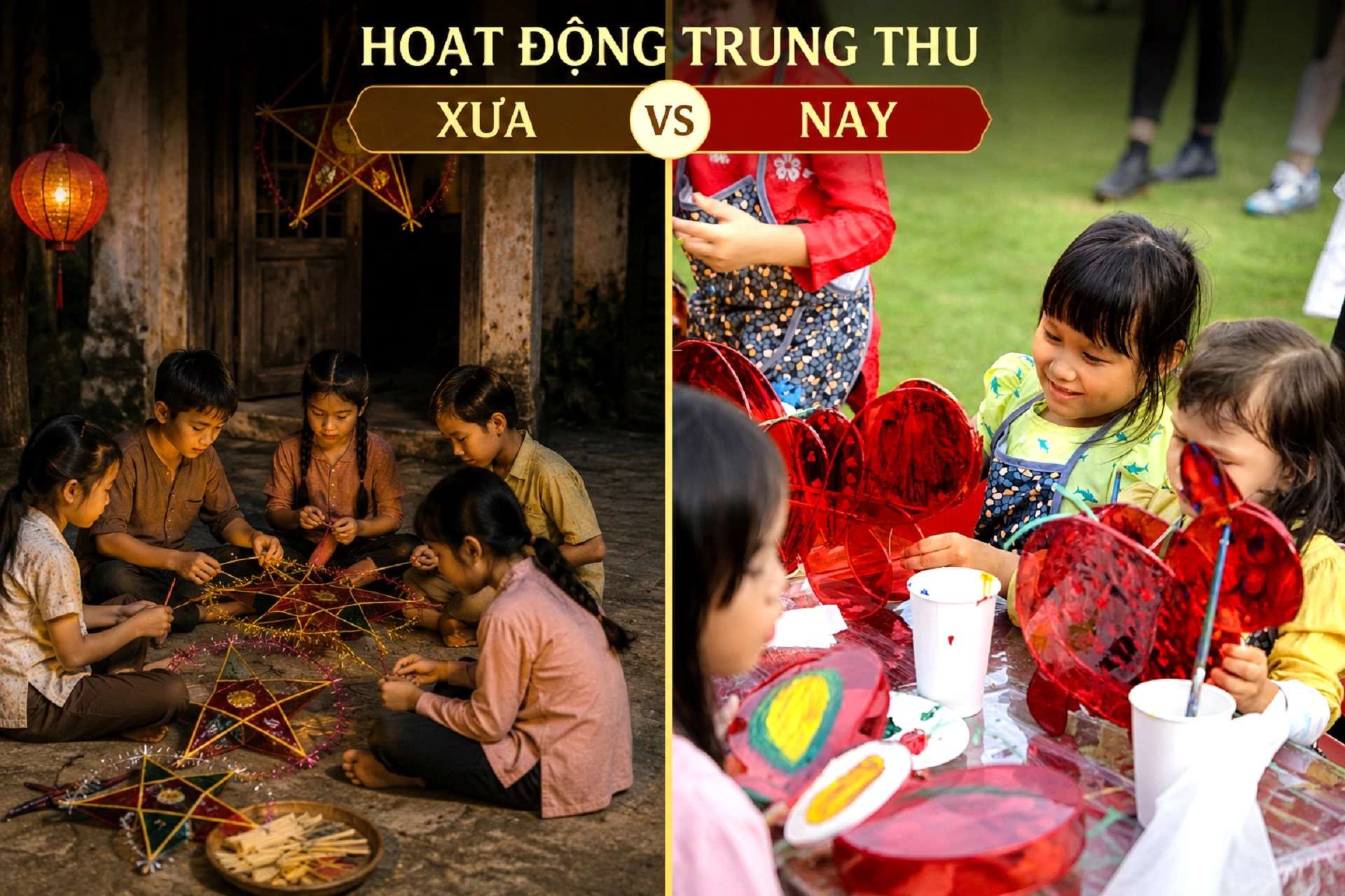 Hoạt động trung thu xưa và nay với trẻ em tự làm lồng đèn ông sao truyền thống và lồng đèn sáng tạo hiện đại