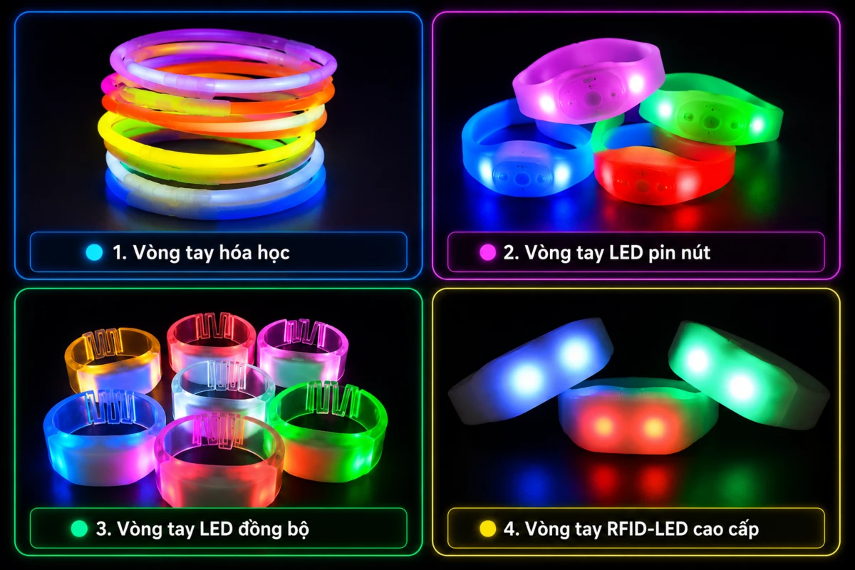 Cận cảnh bốn kiểu dáng vòng tay phát sáng dạ nhiều màu sắc cho sự kiện