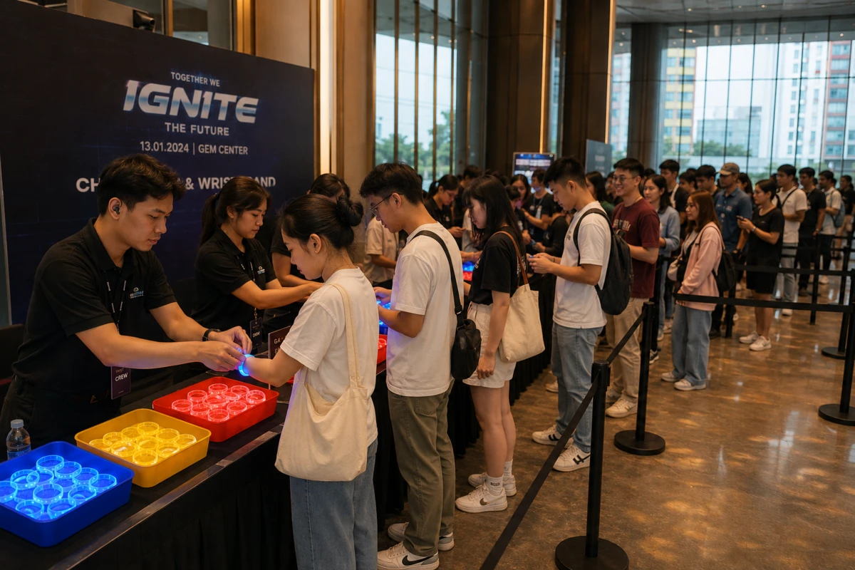 Khu vực xếp hàng nhận vòng tay phát sáng led tại bàn check-in trước khi vào sự kiện IGNITE