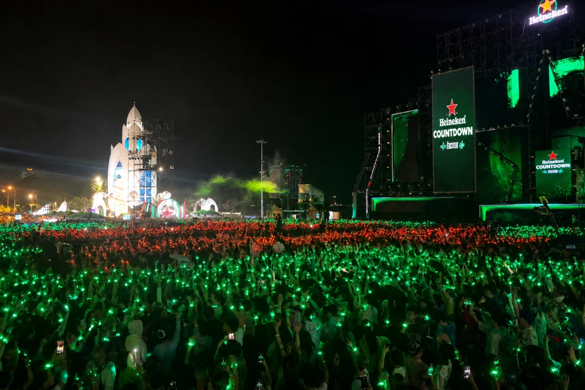Đông người hâm mộ đeo vòng tay phát sáng rực rỡ tại lễ hội đếm ngược do Heineken tổ chức ngoài trời