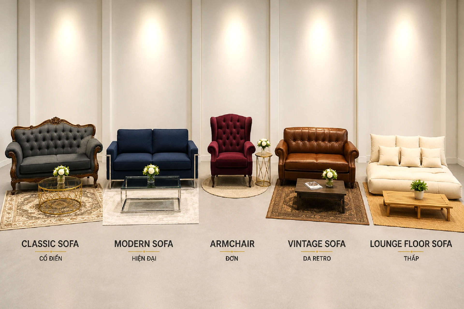 Các mẫu cho thuê ghế sofa sự kiện phổ biến gồm classic sofa, modern sofa, armchair, vintage sofa và lounge floor sofa