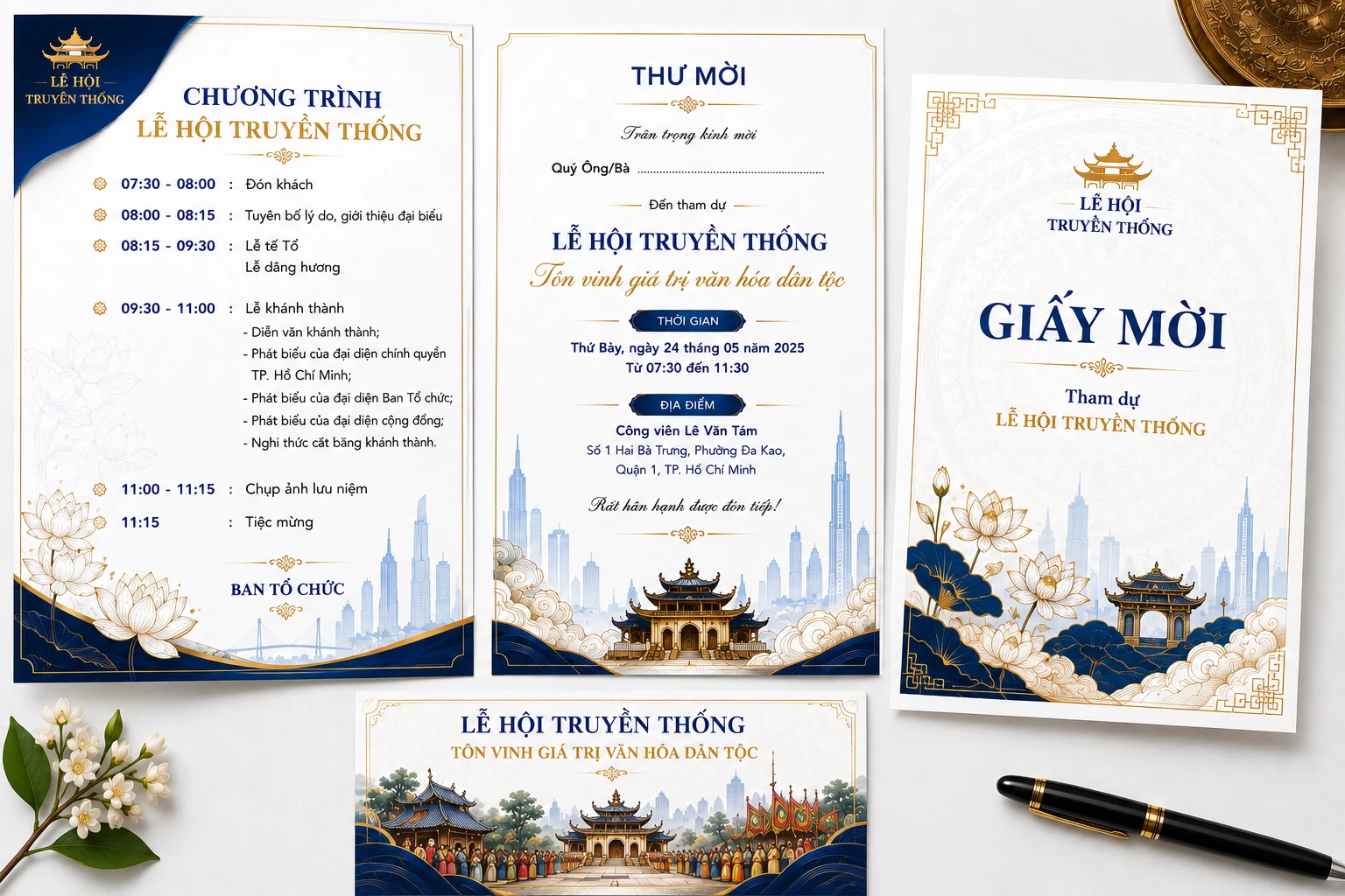 Bộ giấy mời lễ hội truyền thống với thư mời, bìa giấy và chương trình sự kiện với tông xanh navy vàng sang trọng