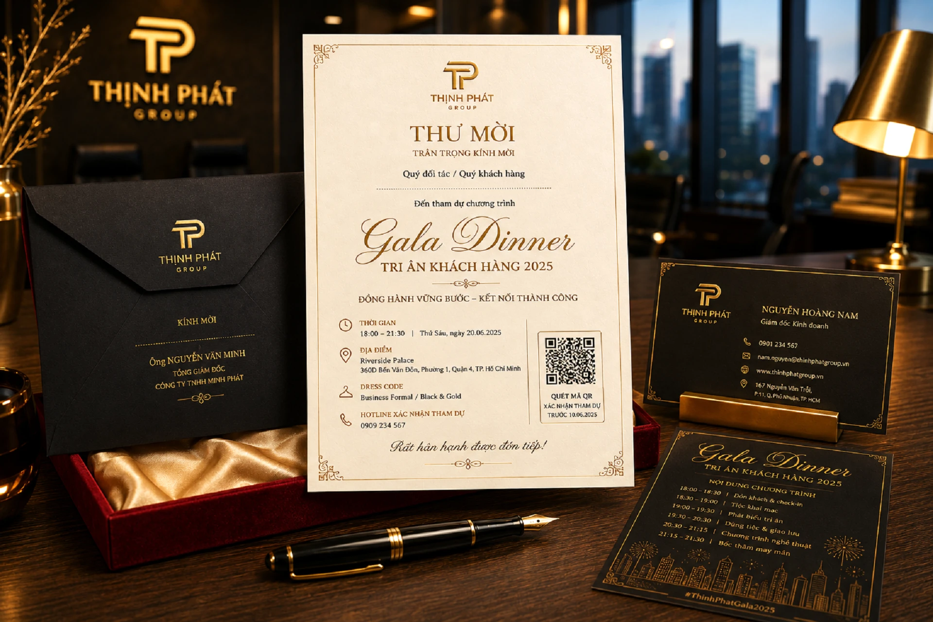 Mẫu thư mời tiệc cuối năm doanh nghiệp tông đen vàng gold sang trọng với phong bì và thiệp mời được thiết kế cao cấp
