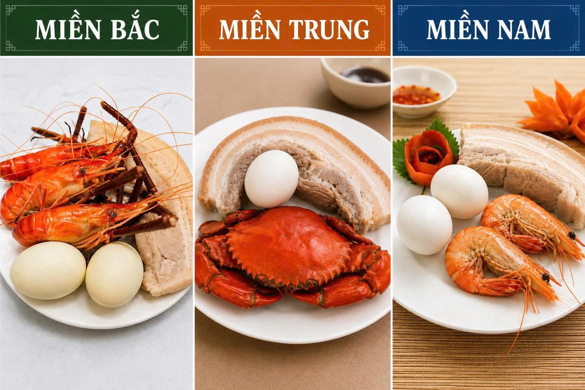 Bộ tam sên được chuẩn bị trong mâm cúng khai trương, minh họa sự khác biệt về lễ vật giữa ba miền Bắc, Trung và Nam