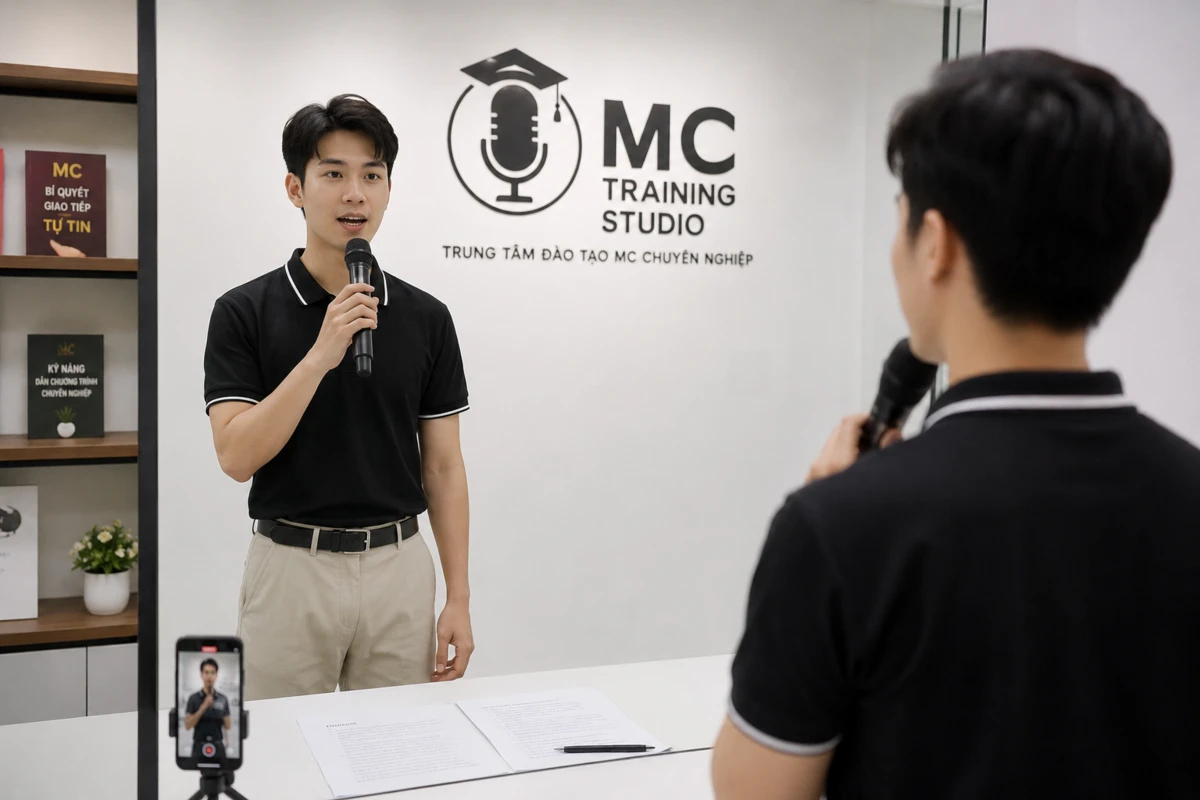 Cách làm mc qua hình ảnh học viên cầm micro luyện nói trước gương phòng studio