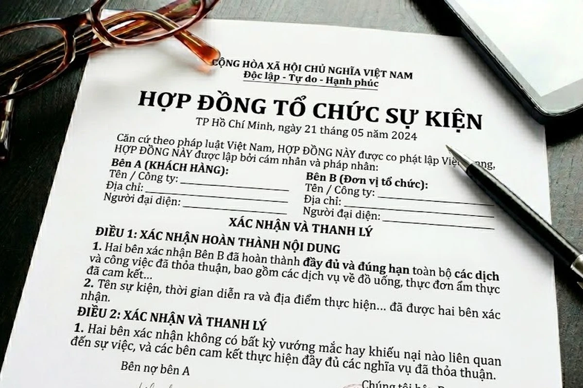 Mẫu hợp đồng tổ chức tiệc với các điều khoản về dịch vụ, thời gian và trách nhiệm của các bên