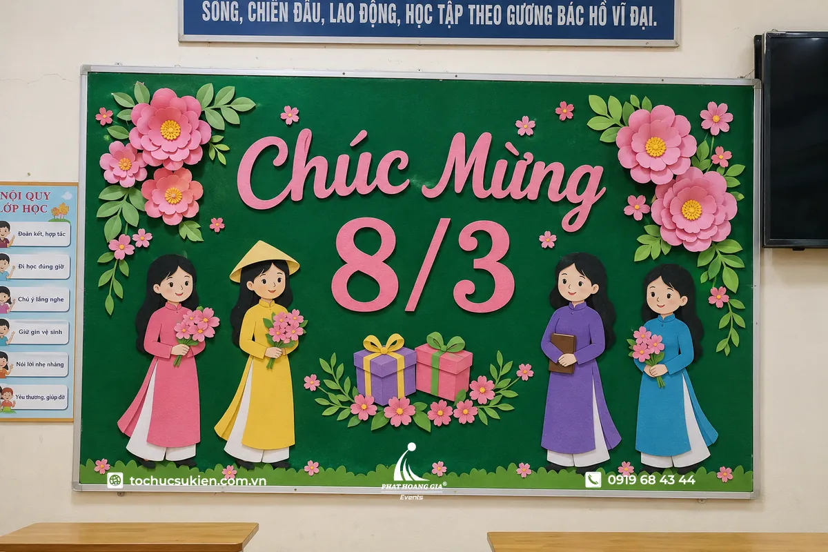 Bảng nỉ flannel trang trí ngày 8/3 trong lớp học với nền xanh nổi bật, hoa giấy hồng cắt thủ công, dòng chữ “Chúc Mừng 8/3” và hình các cô gái mặc áo dài Việt Nam tạo không khí ý nghĩa cho Ngày Quốc tế Phụ nữ